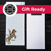 a gift ready sign with a blank white envelope and a paper with a cartoon illustration of a person riding a horse.