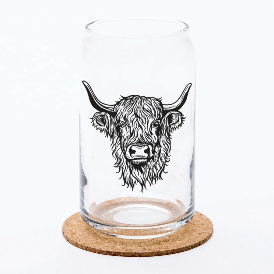 Highland Cow Can Glass 16 oz Dishwasher Safe Drinking Glass - Unique Hand-Drawn Design - Counter Couture