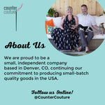Smiling couple with dogs on sofa, About Us text, promoting small-batch USA-made goods.