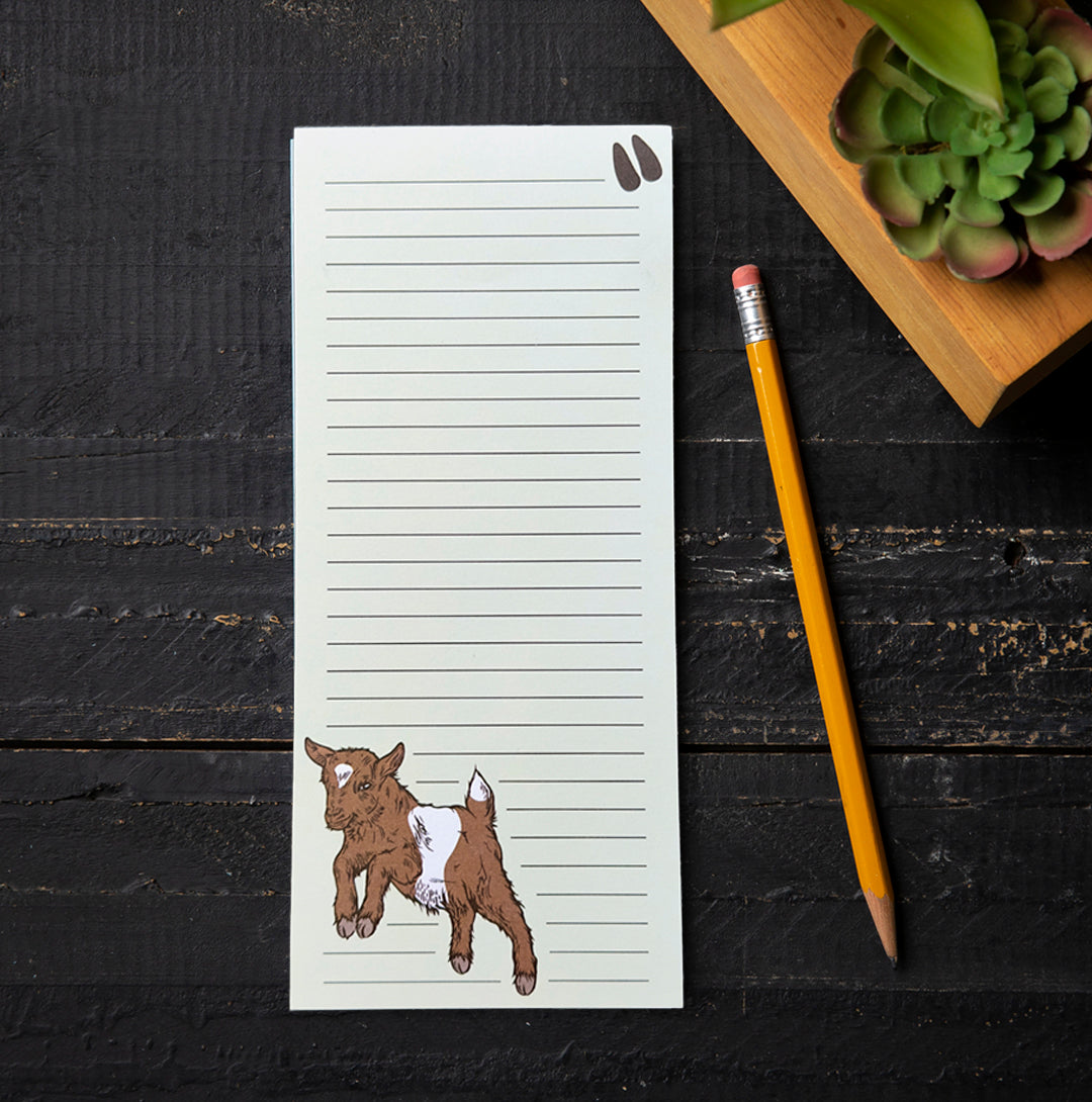 Brightly-lined writing spaces of the Baby Goat Notepad by Counter Couture, a stylish and functional to-do list notepad for efficient shopping and tasks.
