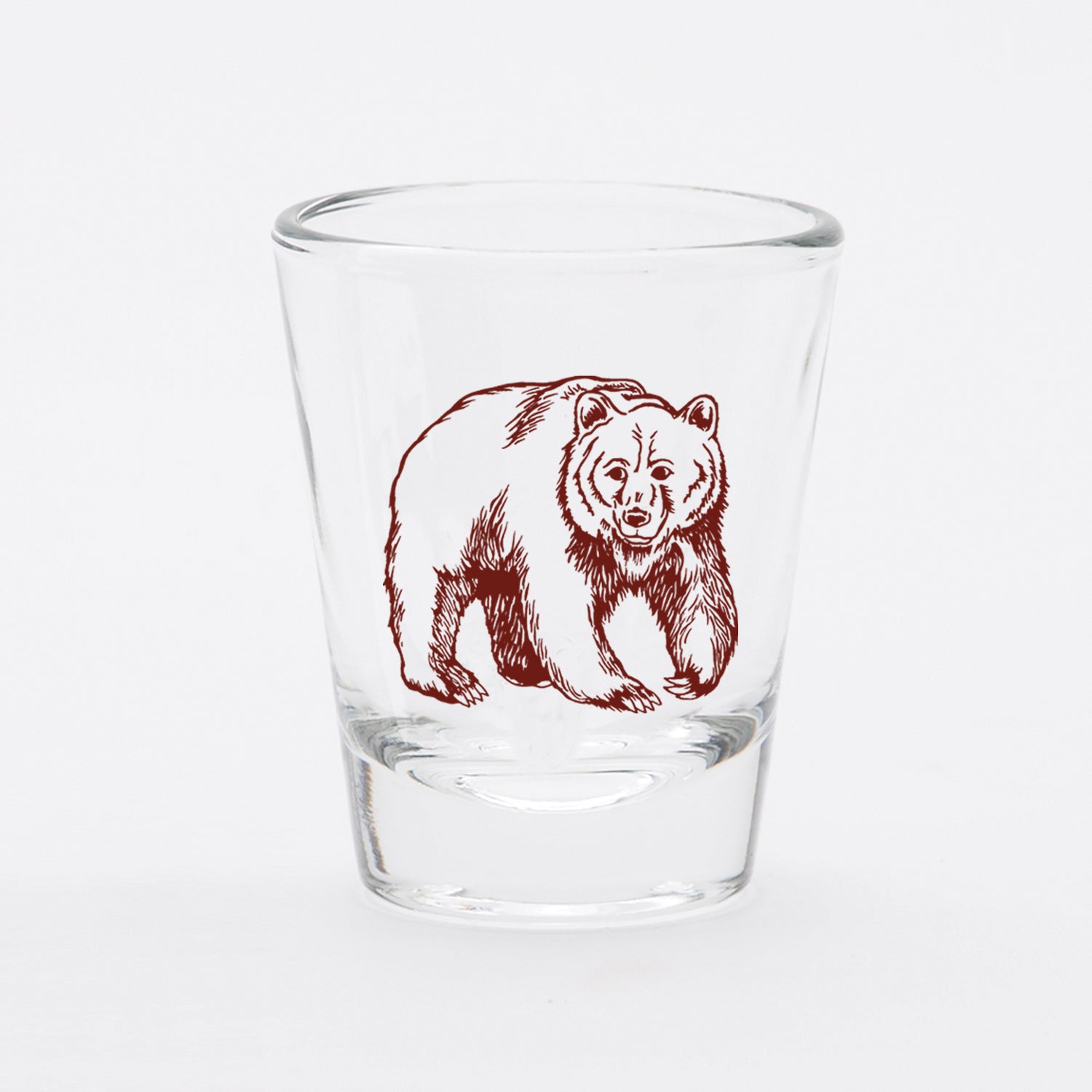 Clear shot glass with a brown bear illustration, unique animal barware