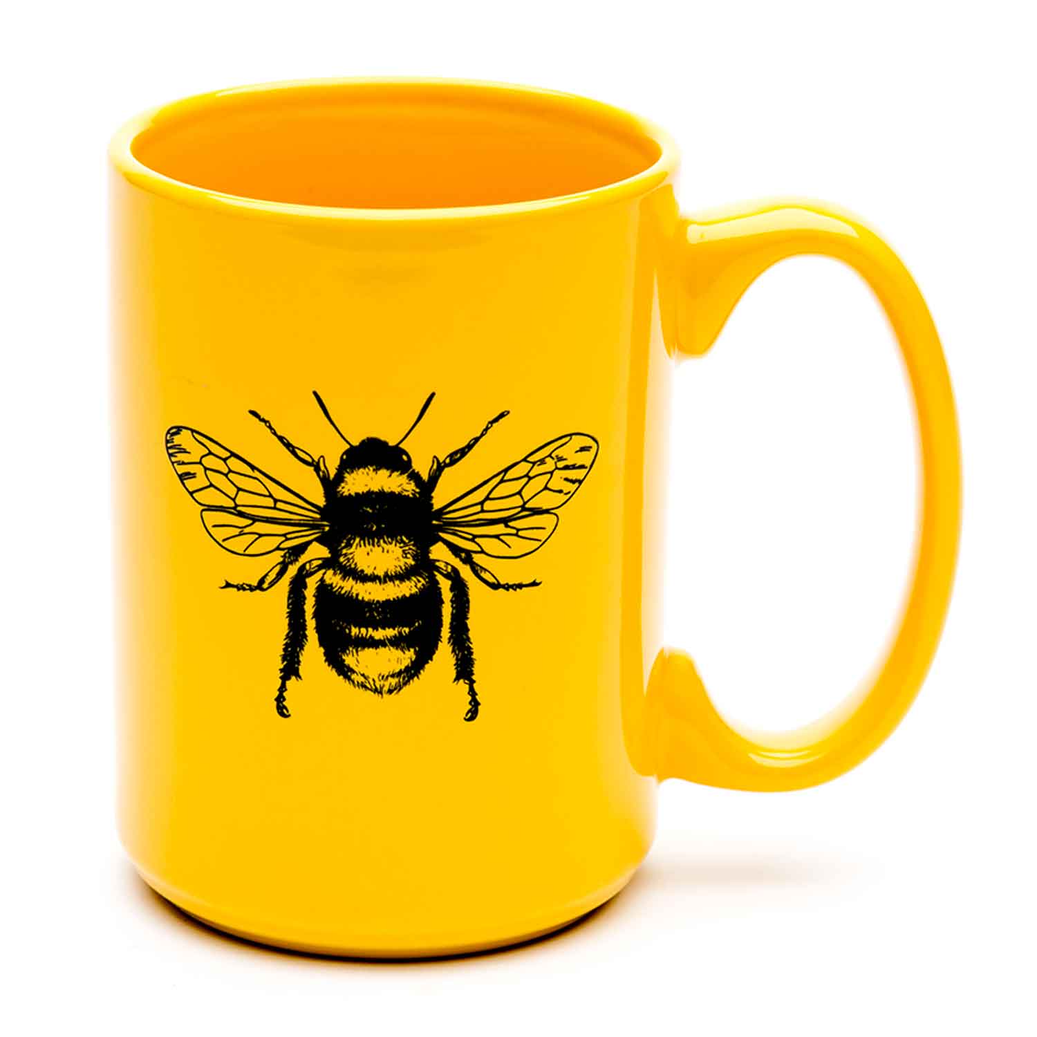 Yellow ceramic mug with black bee illustration, novelty kitchenware gift
