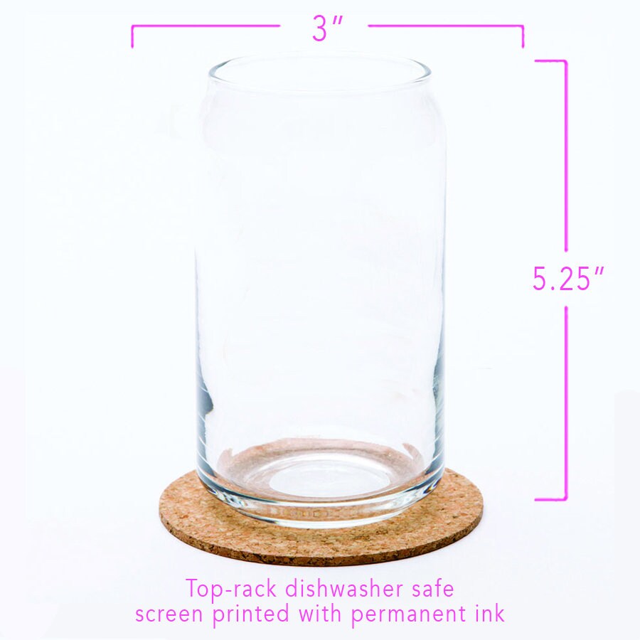 Clear beer can glass with 3 inch diameter, 5.25 inch height, on cork coaster