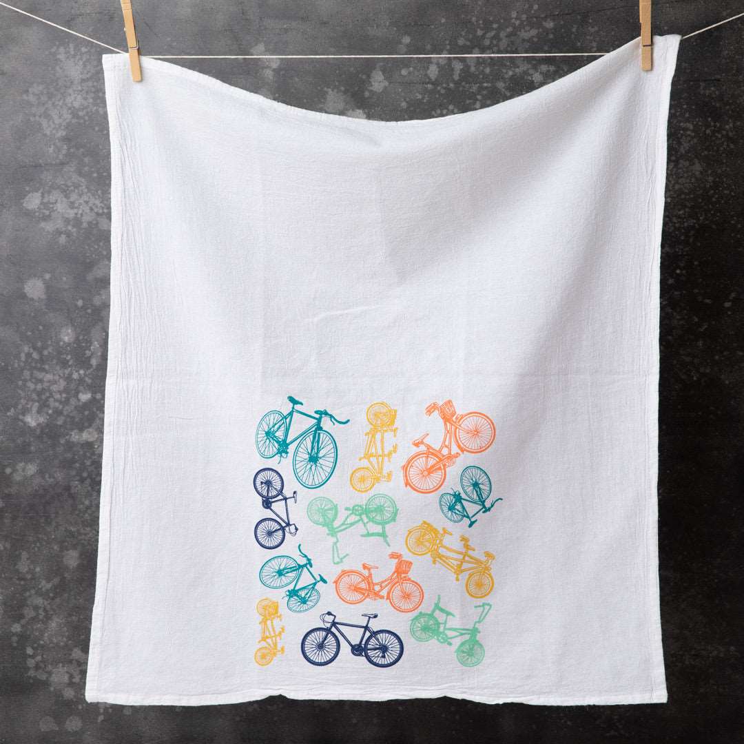Bicycles Flour Sack Tea Towel - Eco-Friendly Cotton, Hand-Drawn Design - Counter Couture