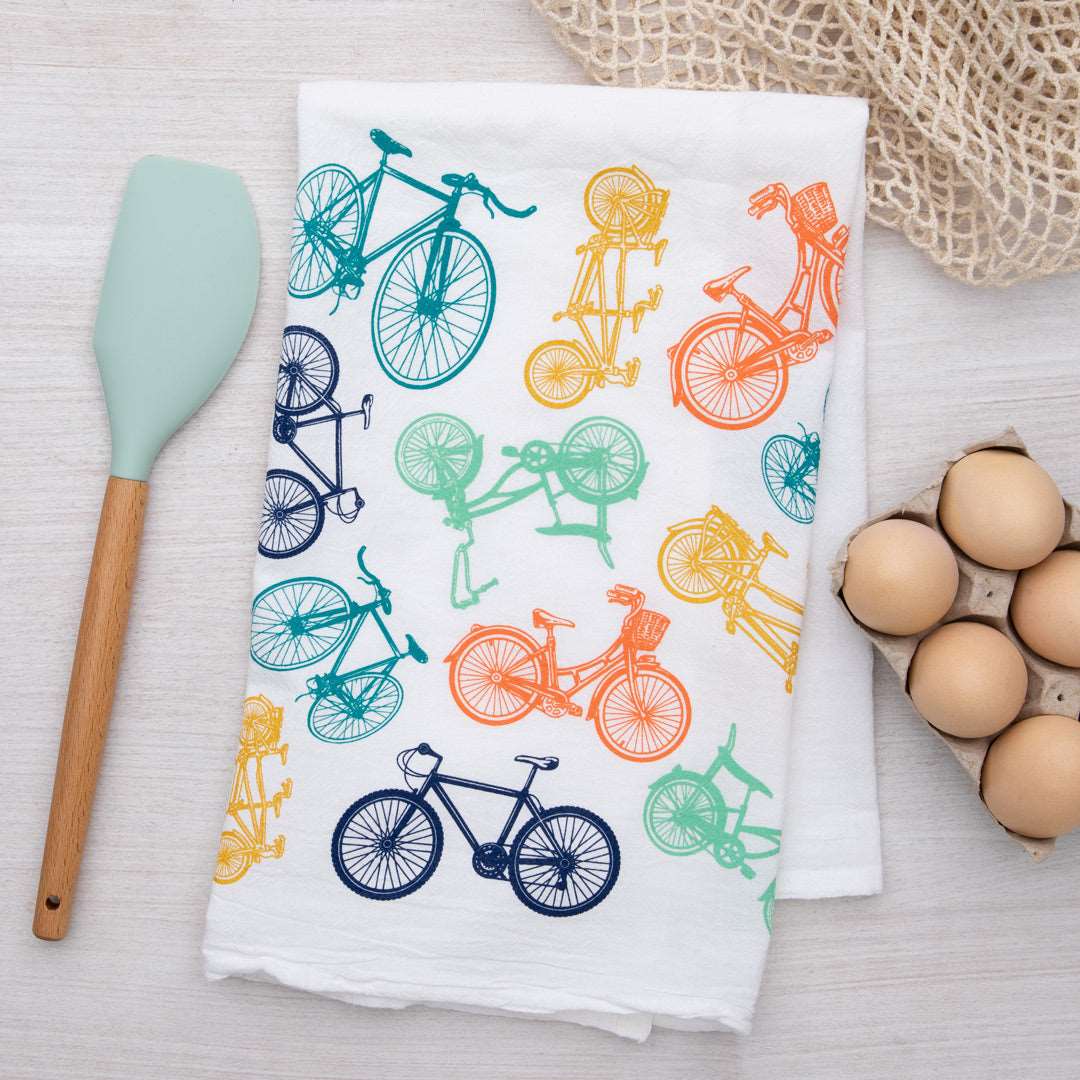 Bicycles Flour Sack Tea Towel - Eco-Friendly Cotton, Hand-Drawn Design - Counter Couture
