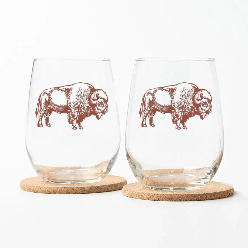 Bison Stemless Wine Glass - Brown Print - Counter Couture