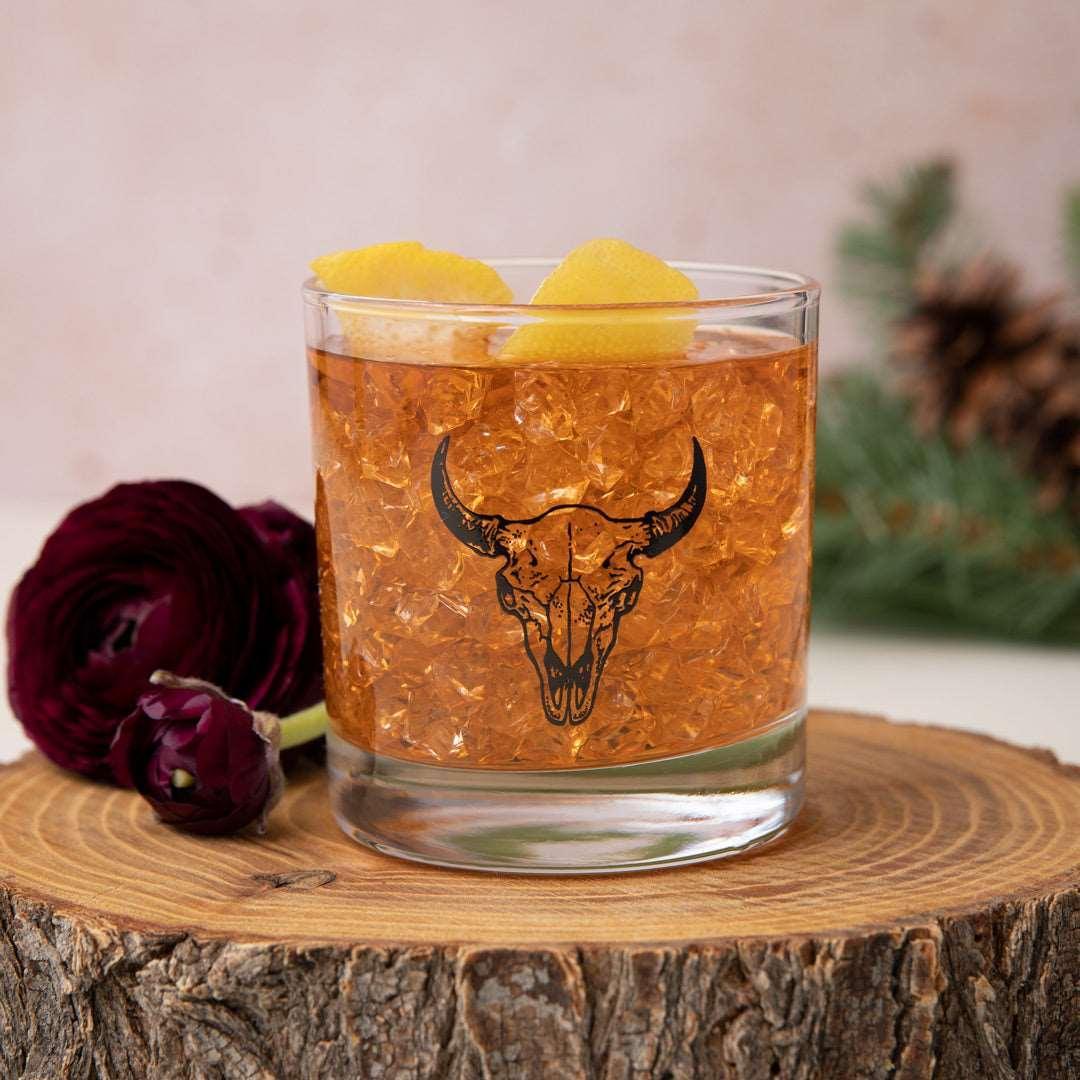 Buffalo Skull Rocks Glass - 11oz Whiskey Glass - Lead Free - Counter Couture