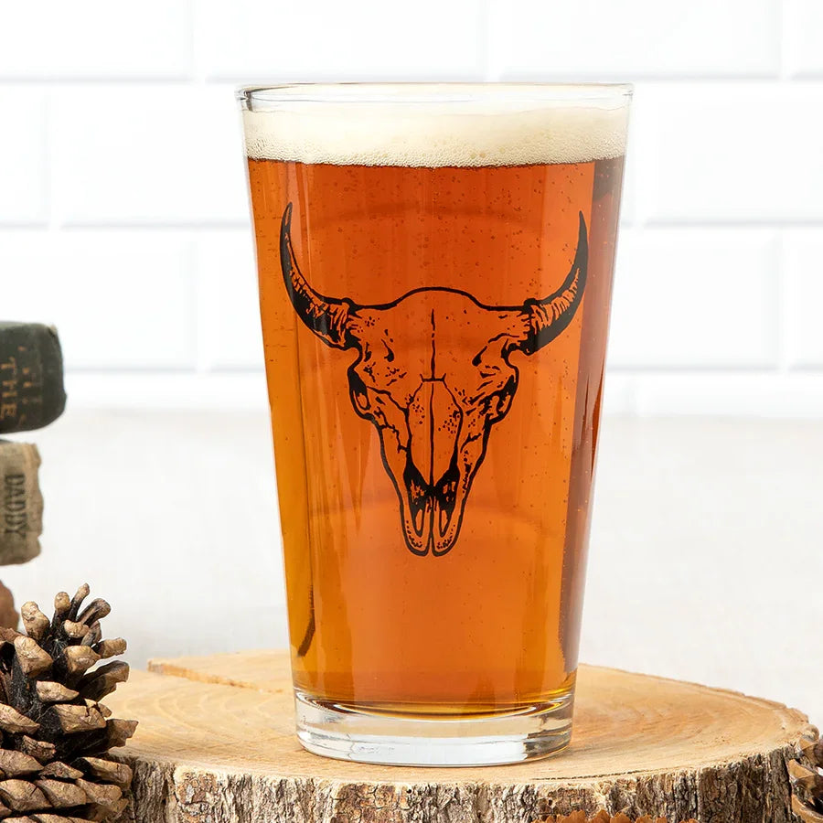 Buffalo Skull Pint Glass - 16oz Beer Glass - Locally Made - Counter Couture
