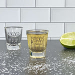 Cat-themed shot glasses on a kitchen counter with lime and salt, fun barware gift