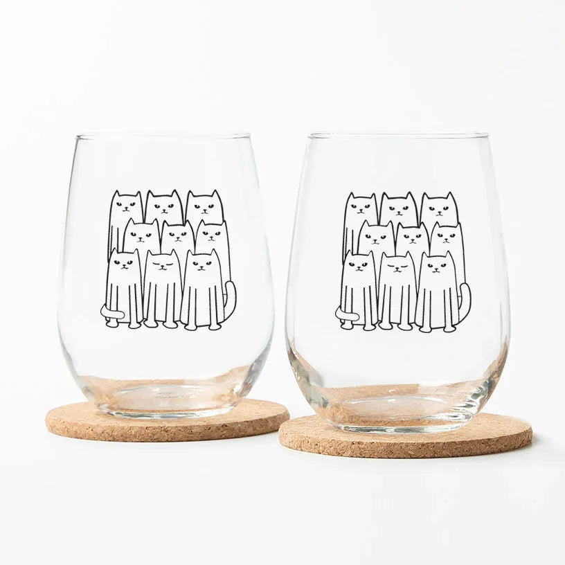 Cat Stemless Wine Glasses - Black Print - Counter Couture