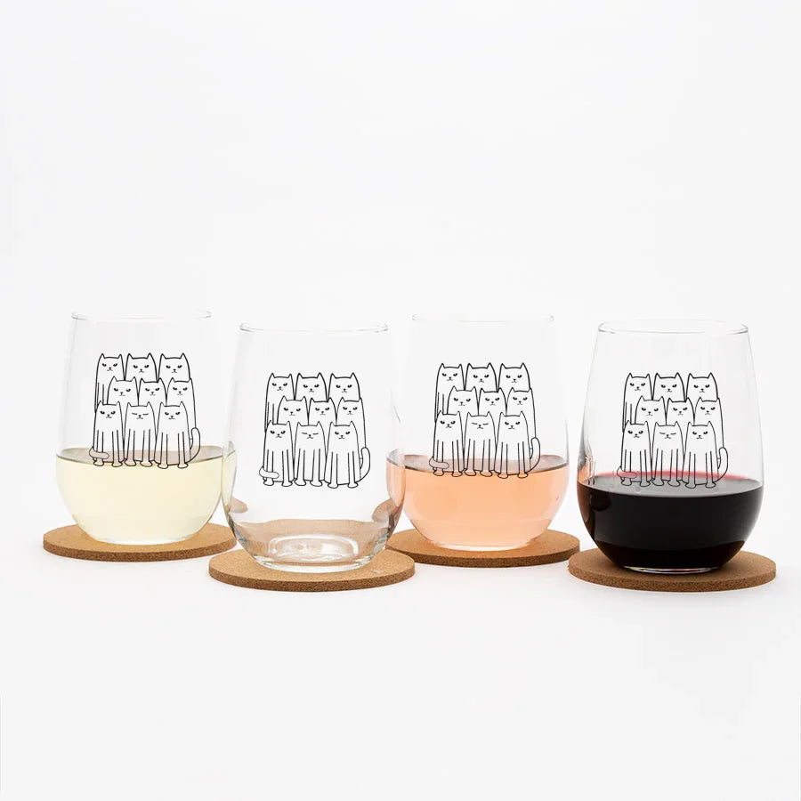 Cat Stemless Wine Glasses - Black Print - Counter Couture