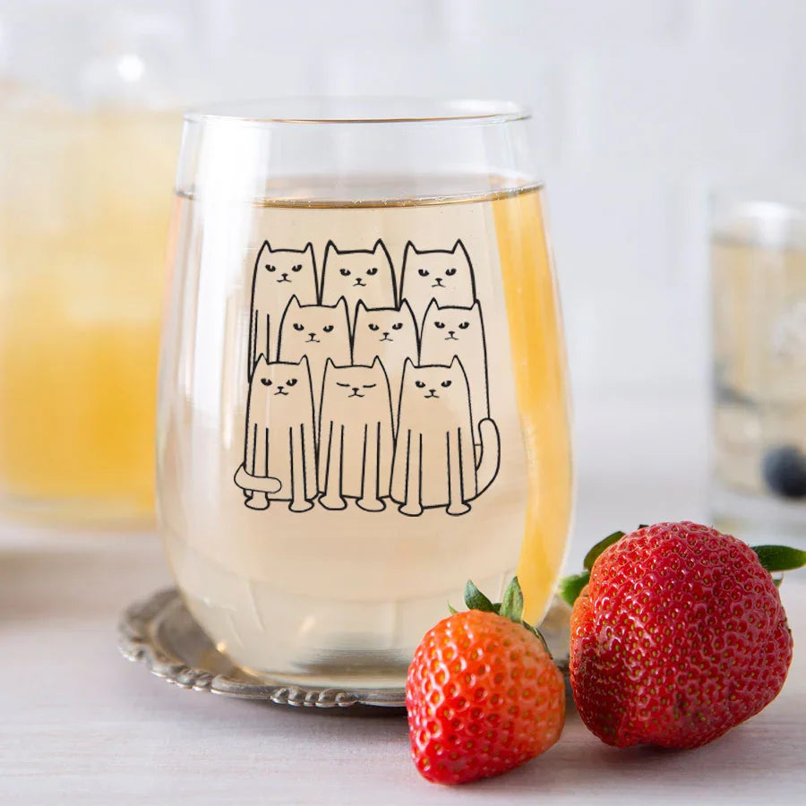 Cat Stemless Wine Glasses - Black Print - Counter Couture