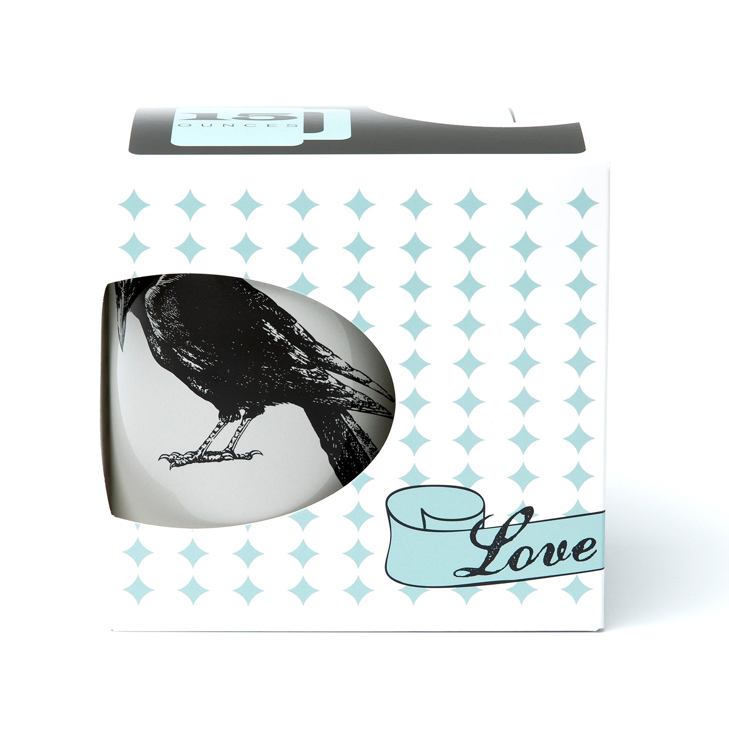 Boxed ceramic mug with black crow illustration, polka dot packaging, and 'Love' banner