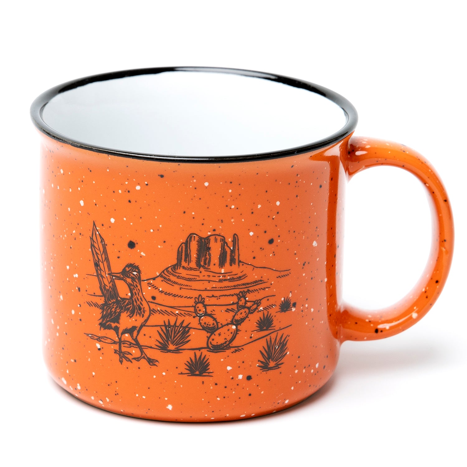 Orange speckled campfire mug with desert landscape, cactus, and roadrunner illustration