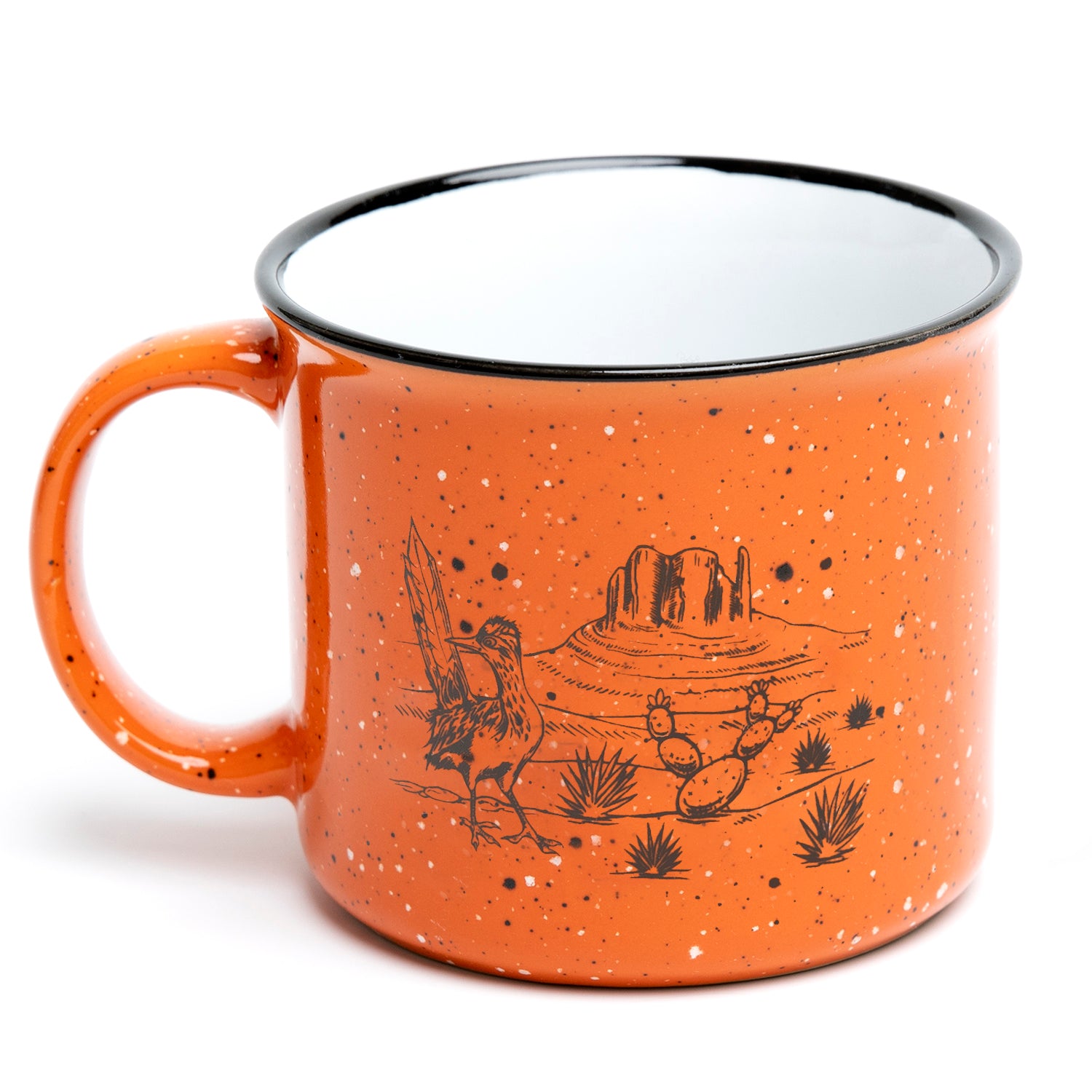Orange speckled campfire mug with black desert scene, cactus, mesa and roadrunner illustration
