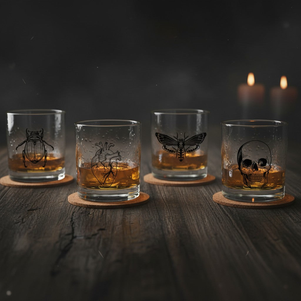 Set of four Halloween whiskey glasses with beetle, anatomical heart, moth and skull illustrations on a dark wood table