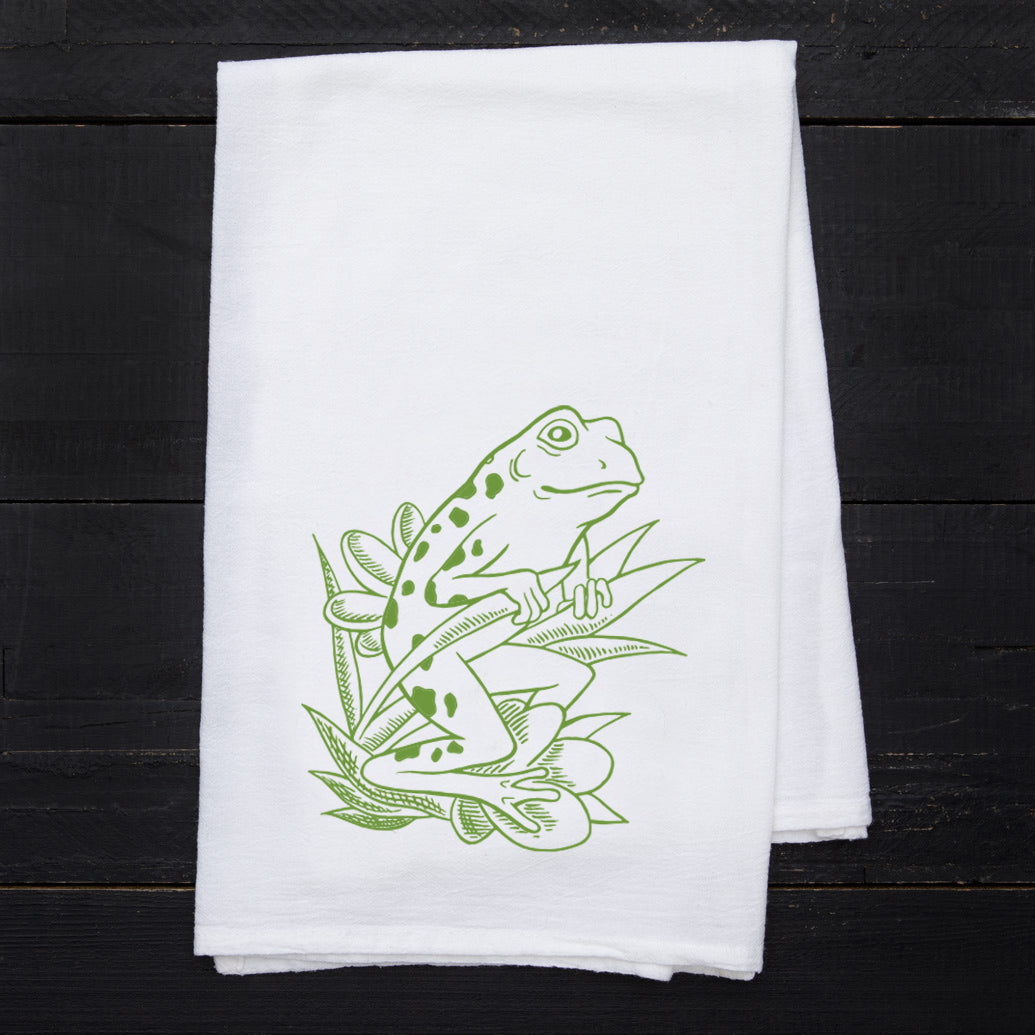 Frog Flour Sack Towel hand-illustrated flour sack tea towel by Counter Couture, screen printed in USA