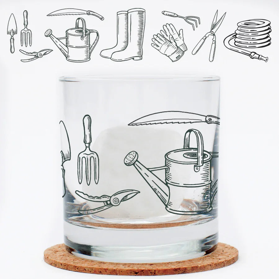 Gardening Tools Rocks Glass - 11oz Whiskey Glass - Locally Made - Counter Couture