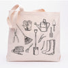 a tote bag with a drawing of gardening tools