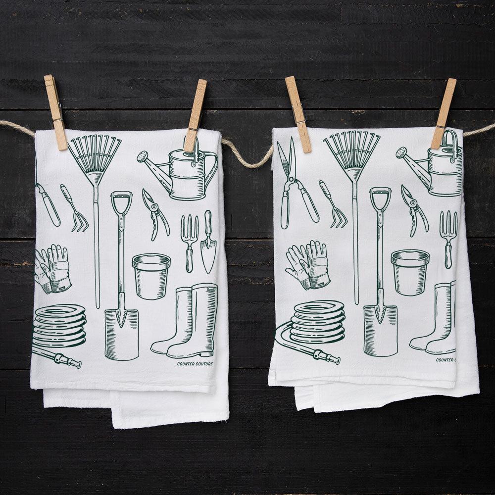 Gardening Tools Flour Sack Towel -Eco-Friendly Cotton & Hand-Drawn - Counter Couture