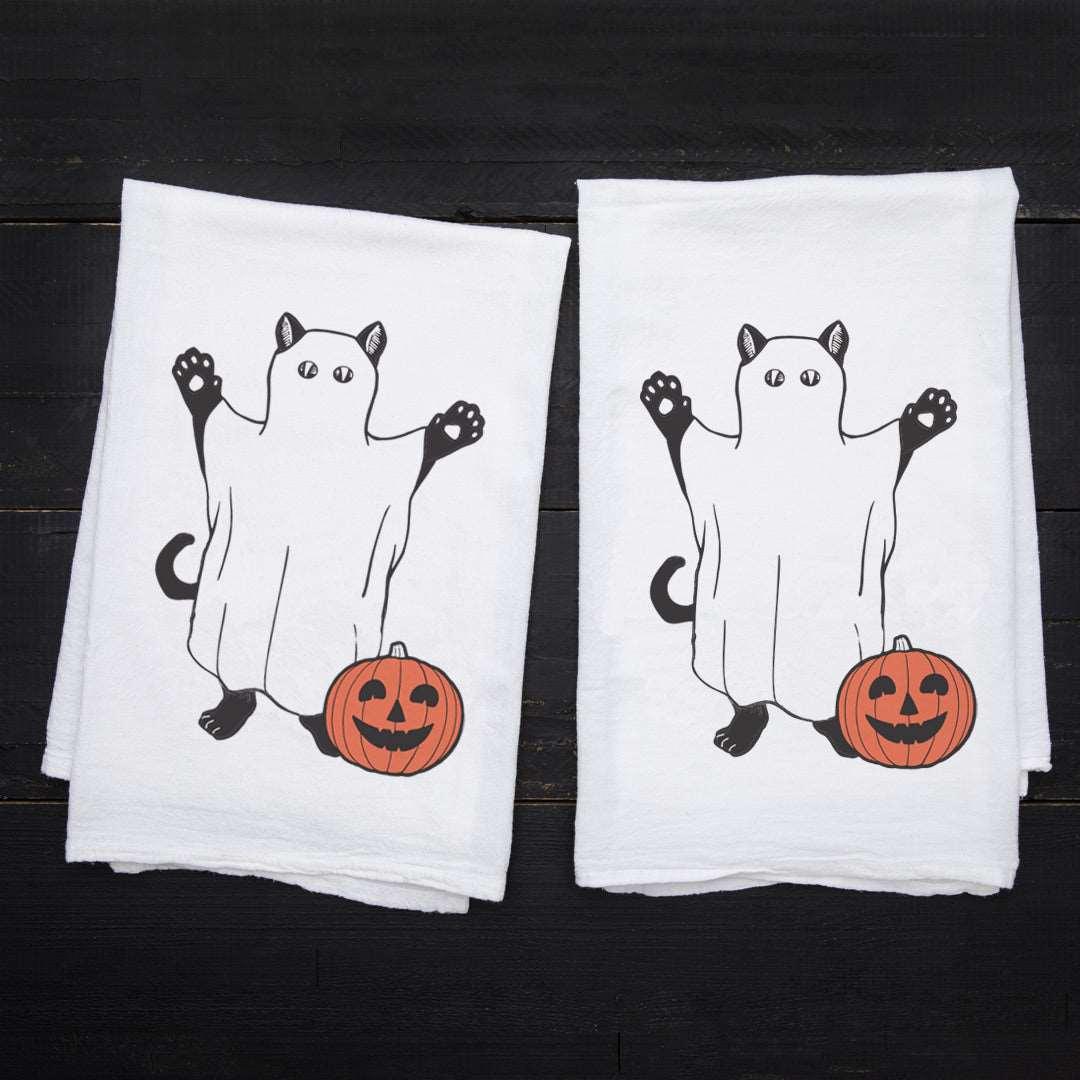 Halloween Ghost Kitty Flour Sack Towel - Eco-Friendly, 100% Cotton, Hand-Drawn - Counter Couture