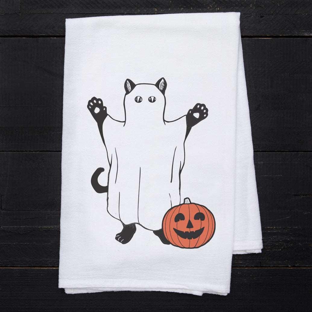 Halloween Ghost Kitty Flour Sack Towel - Eco-Friendly, 100% Cotton, Hand-Drawn - Counter Couture
