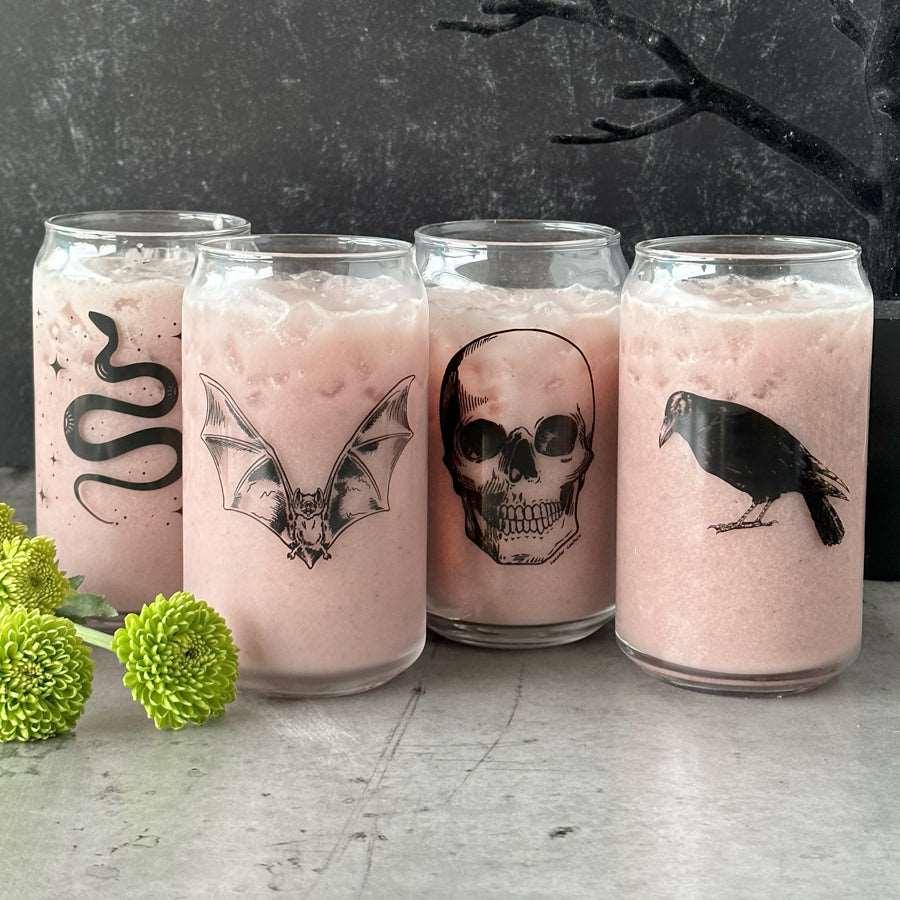 Grim Beer Can Glass Set of 4: Skull, Crow, Bat, Snake - Counter Couture