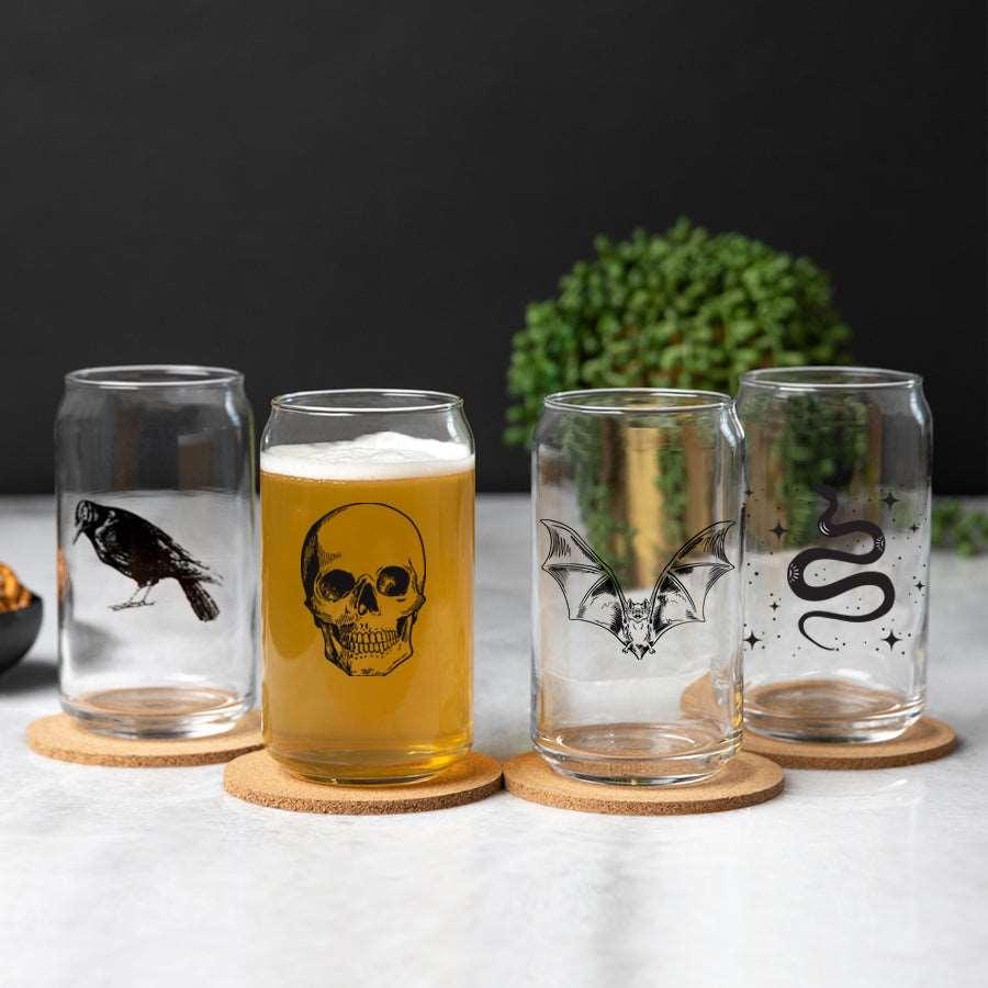Grim Beer Can Glass Set of 4: Skull, Crow, Bat, Snake - Counter Couture