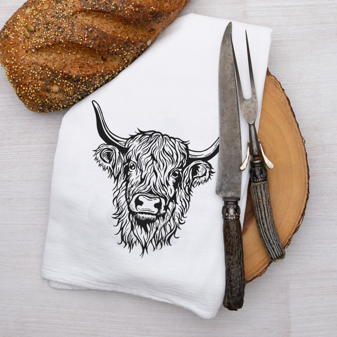 Highland Cow Flour Sack Towel hand-illustrated flour sack tea towel by Counter Couture, screen printed in USA
