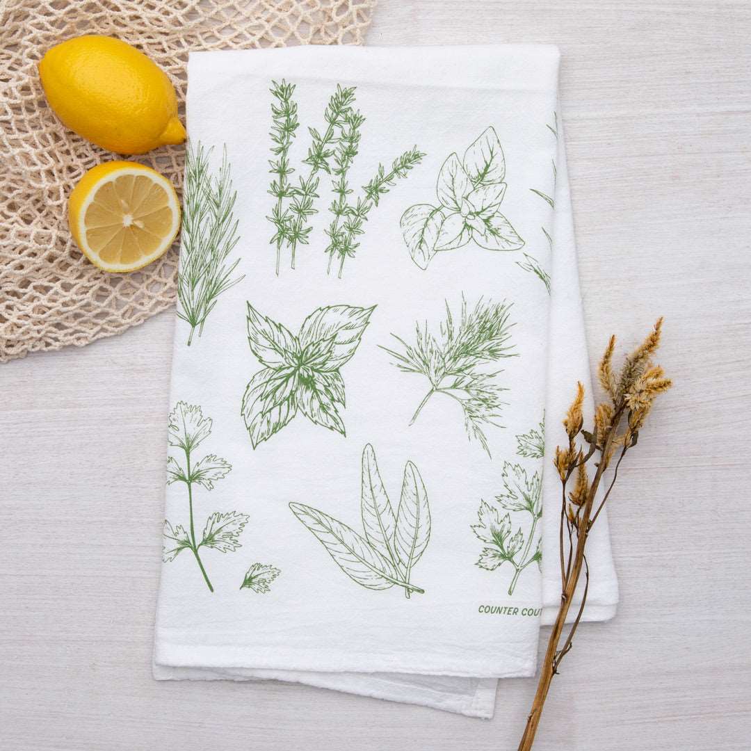 Herbs Flour Sack Tea Towel - Eco-Friendly, Hand-Drawn - Counter Couture