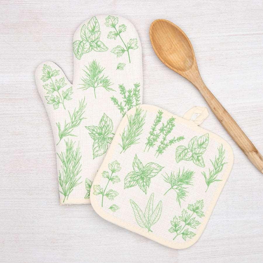 Herb Oven Mitt + Potholder Set - Heat Resistant, Stylish Kitchen Accessory - Perfect for Housewarming Gifts - Counter Couture