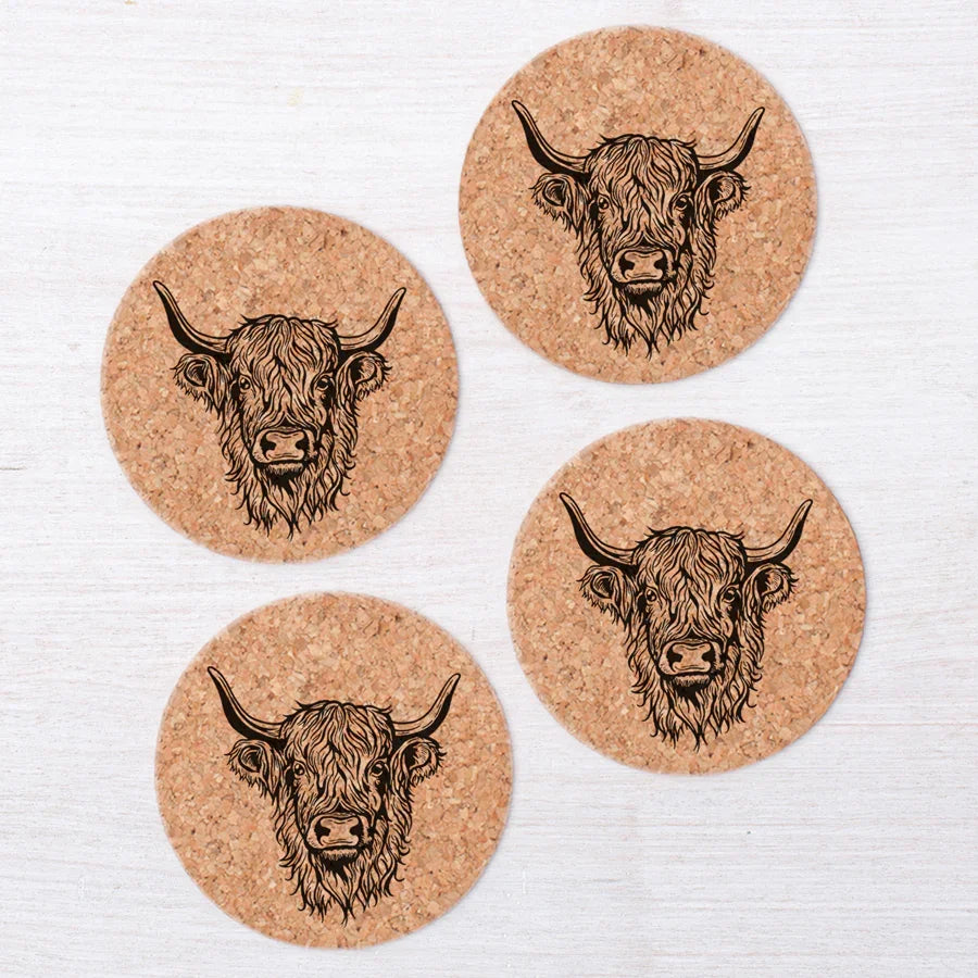 Highland Cow Cork Coaster - Hand-Printed, Eco-Friendly - Counter Couture