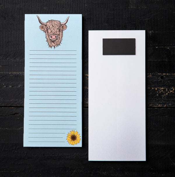 Cute Highland Cow Notepad by Counter Couture, showcasing the vibrant design of a magnetic notepad perfect for organized grocery lists.