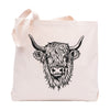 Highland Cow Tote Bag design featuring a detailed illustration of a Highland cow, perfect as a reusable shopping bag for groceries, gifts, or market trips, eco-friendly and stylish.