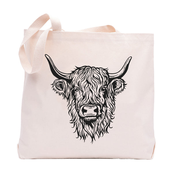Highland Cow Tote Bag design featuring a detailed illustration of a Highland cow, perfect as a reusable shopping bag for groceries, gifts, or market trips, eco-friendly and stylish.