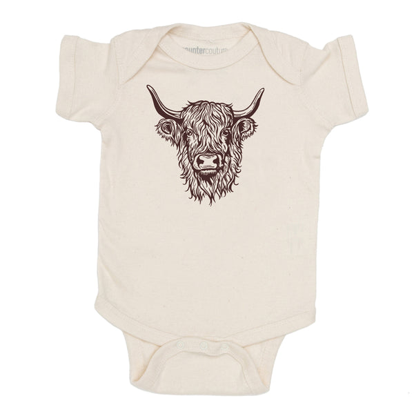 Highland Cow Baby One Piece by Counter Couture - a cute and eco-friendly highland cow baby bodysuit for your little one.