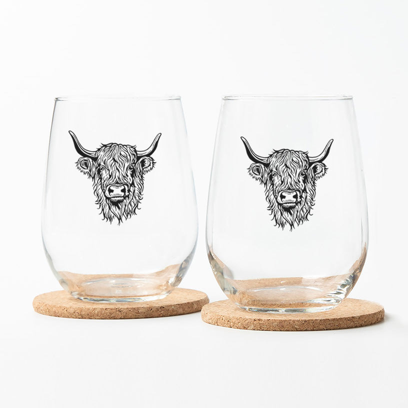 Highland Cow Stemless Wine Glass - 17oz Wine Glass