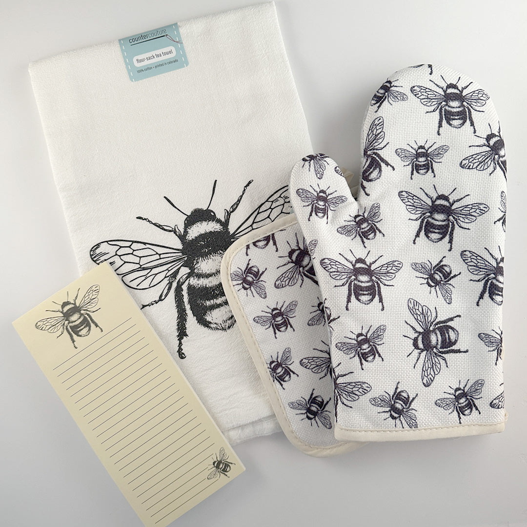 Kitchen Survival Kit with Flour Sack Towel, Oven Mitt, Pot Holder & Notepad - Counter Couture