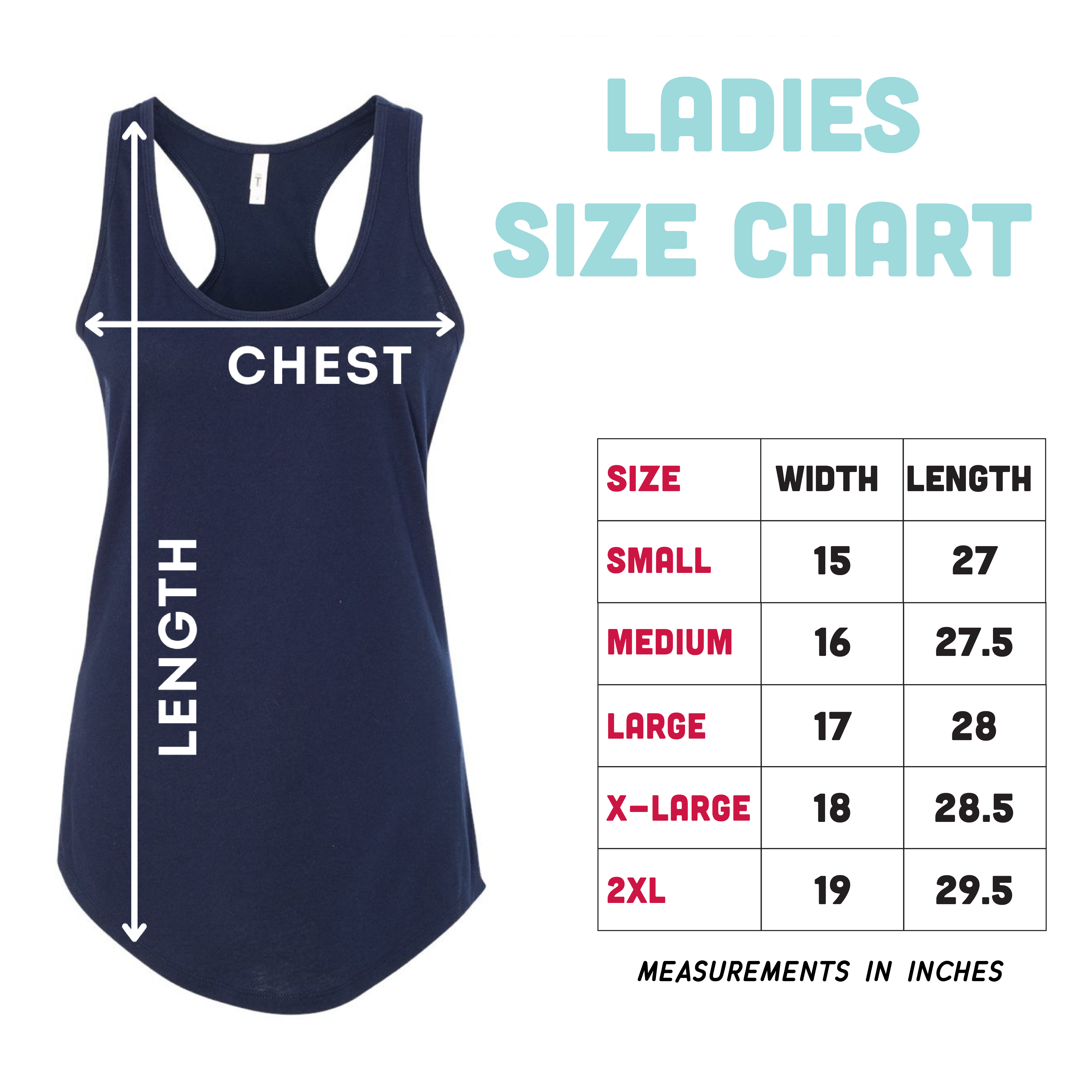 a women's tank top with measurements for sizes