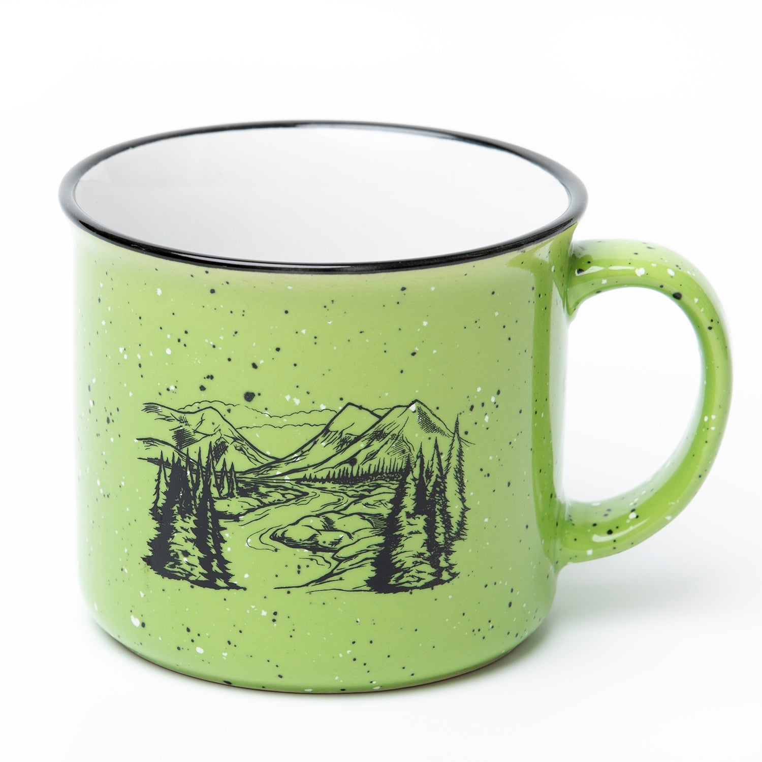 Green speckled campfire mug with black mountain and forest illustration