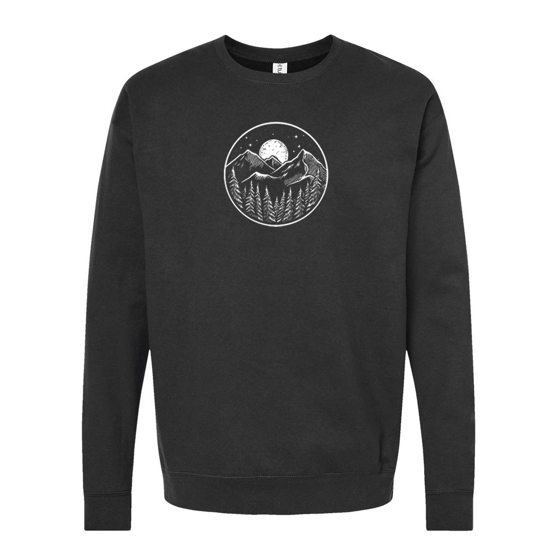 Midnight Mountain Crewneck Sweatshirt – Unisex Fleece Pullover – Night Sky Mountain Sweater – Cozy Outdoor Hiking Shirt – Adventure Gift