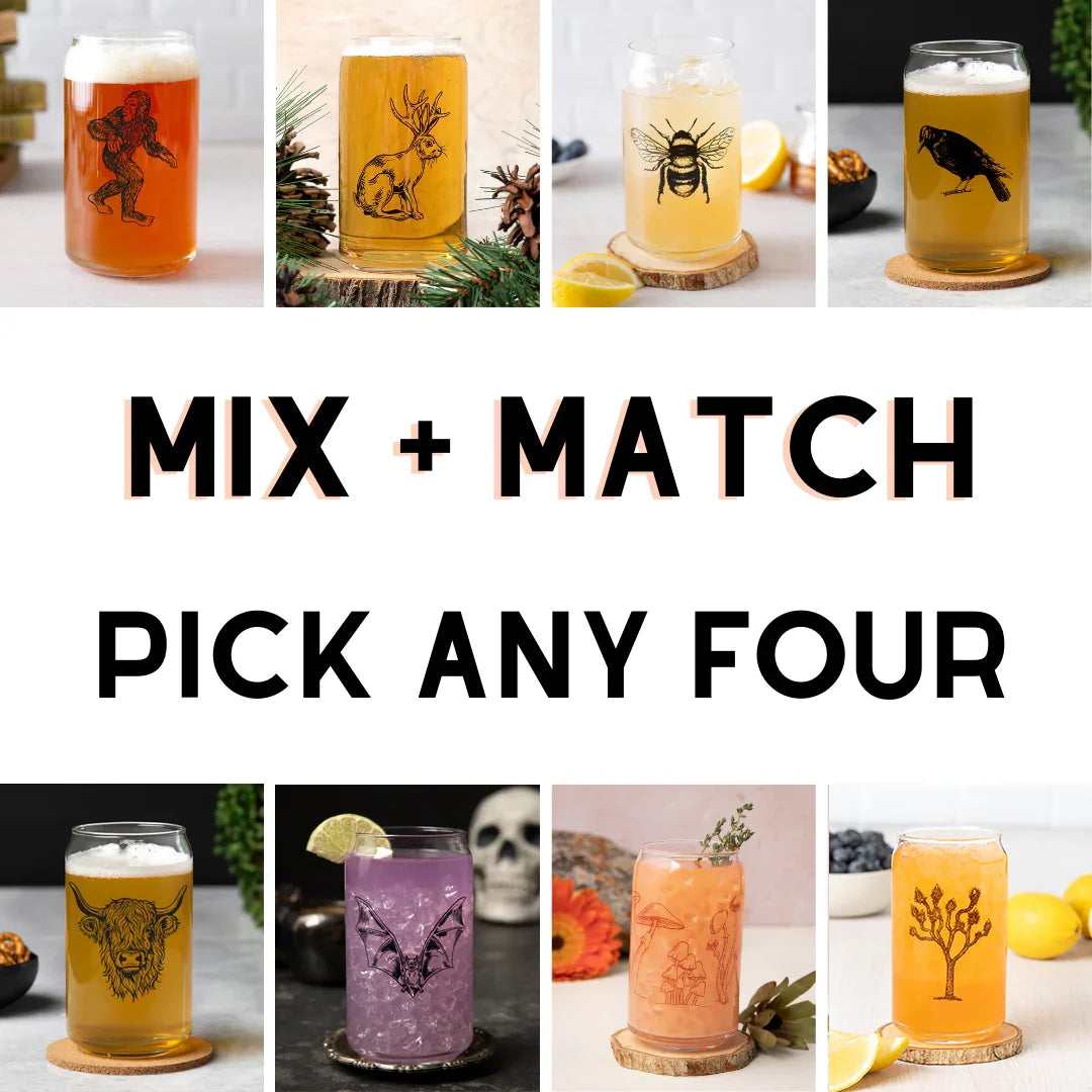 Mix And Match 16 oz Beer Can Glass Beer Glasses - Choose 4 Unique Designs With Original Prints - Counter Couture