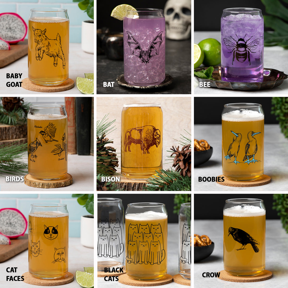 Mix And Match 16 oz Beer Can Glass Beer Glasses - Choose 4 Unique Designs With Original Prints
