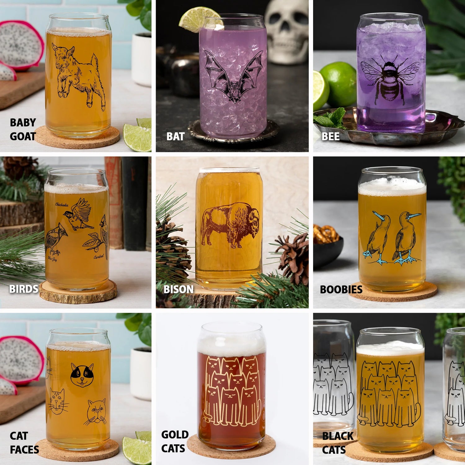 Mix And Match 16 oz Beer Can Glass Beer Glasses - Choose 4 Unique Designs With Original Prints - Counter Couture
