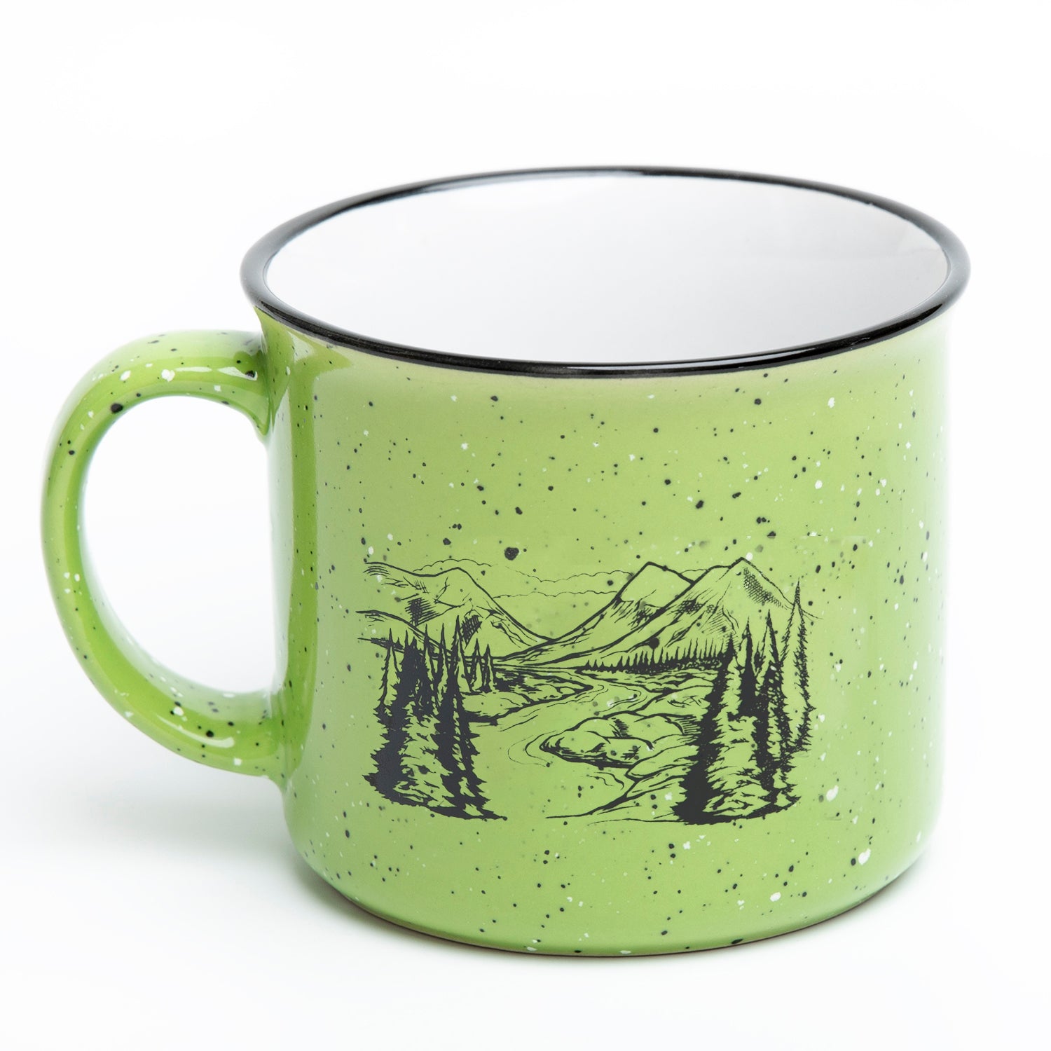 Green enamel campfire mug with black mountain and forest illustration