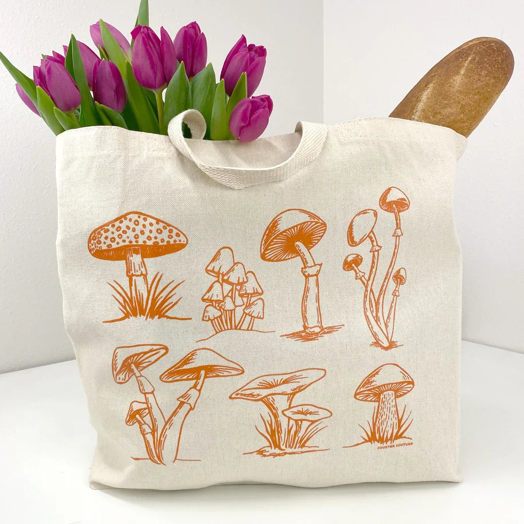Mushroom Canvas Tote Bag - Eco-Friendly, Reusable Shopping & Grocery Bag with 25" Handles - Counter Couture