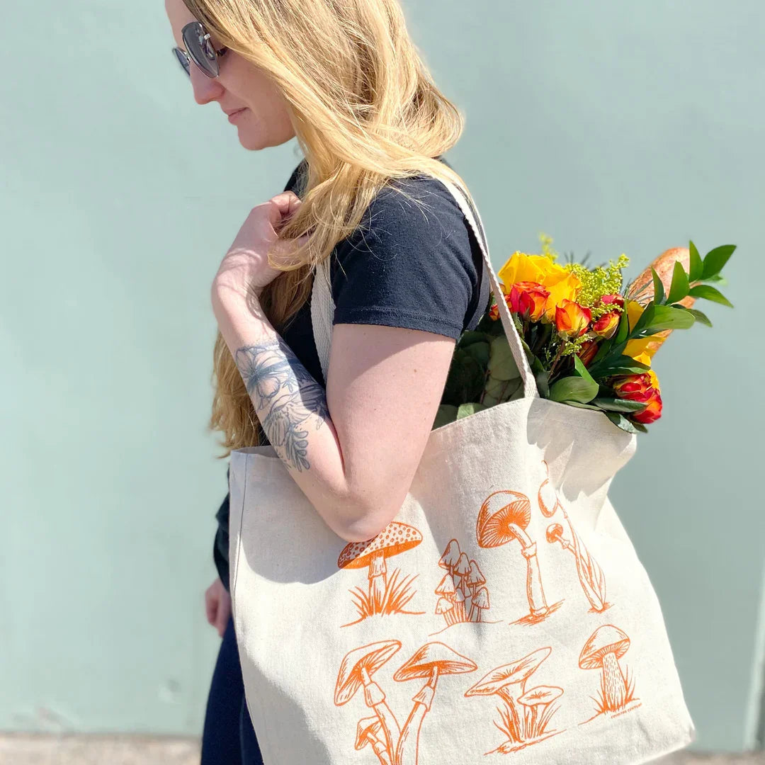 Mushroom Canvas Tote Bag - Eco-Friendly, Reusable Shopping & Grocery Bag with 25" Handles - Counter Couture