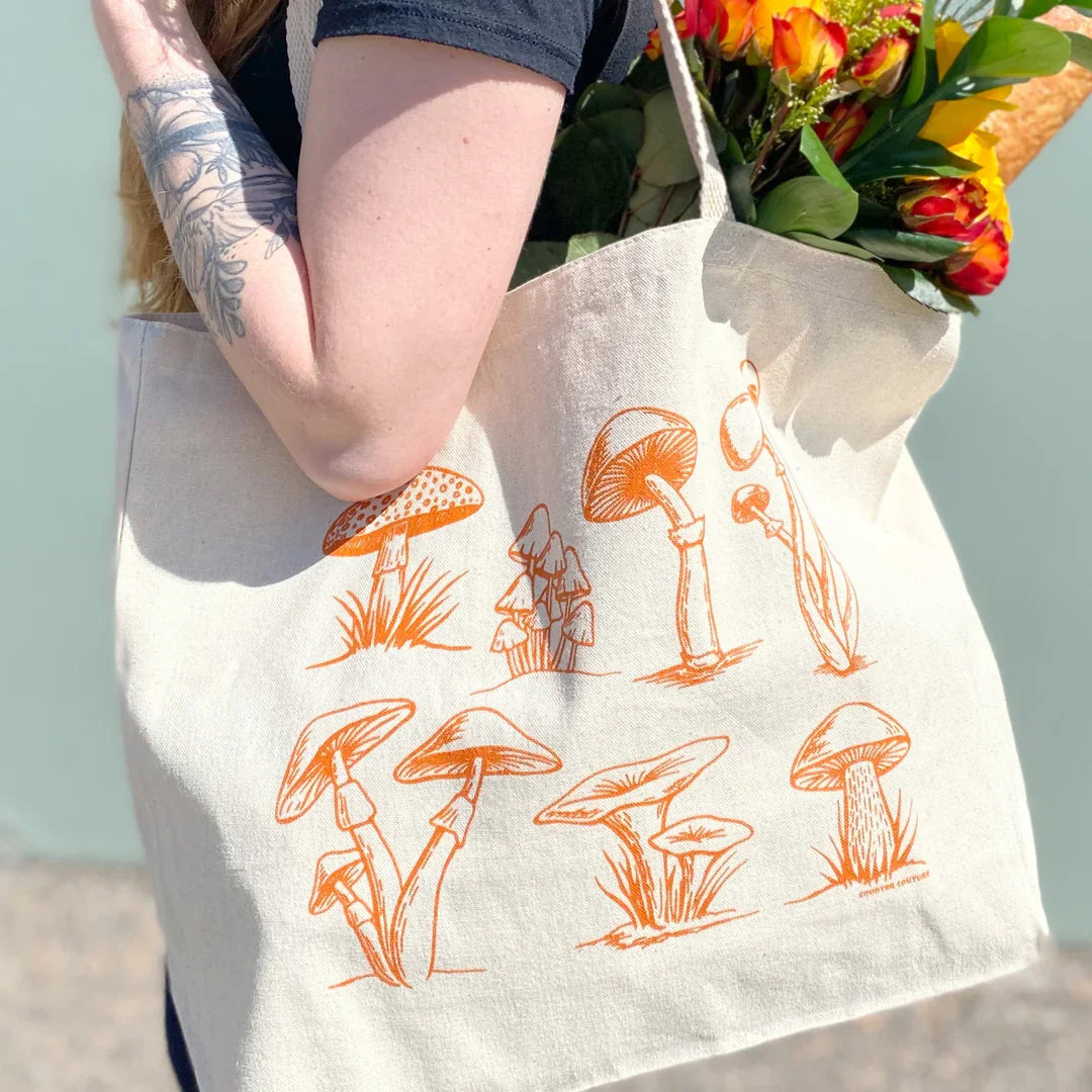 Mushroom Canvas Tote Bag - Eco-Friendly, Reusable Shopping & Grocery Bag with 25" Handles - Counter Couture
