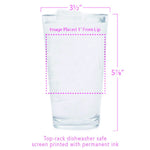 Pint glass with dimensions, 3.5 inch diameter, 5.875 inch height, dishwasher safe info