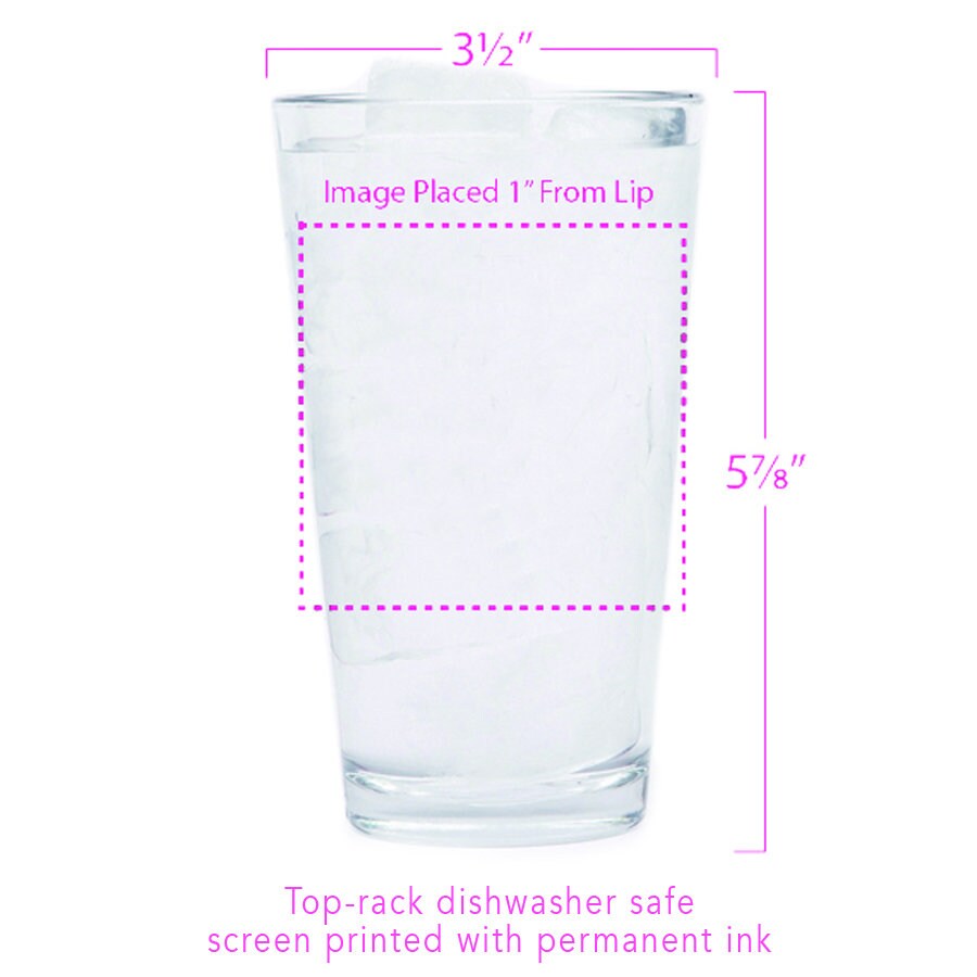 Clear pint glass with ice shown with dimensions, dishwasher safe and screen printed details.
